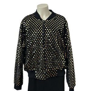 Black Gold Sequin Polka Dot Bomber Jacket One Size Zip Front